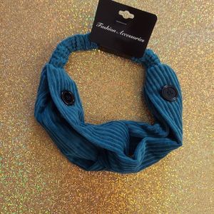 Blue Corduroy Headband with Face Mask Buttons-NWT
